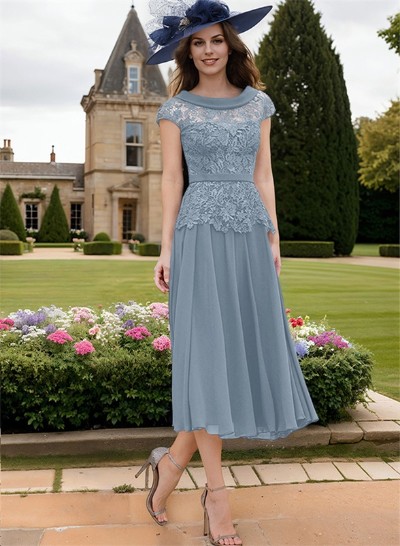 A-Line Scoop Neck Short Sleeves Chiffon Mother Of The Bride Dresses With Lace