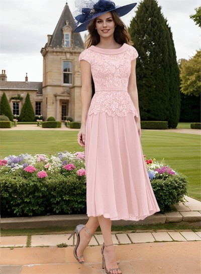 A-Line Scoop Neck Short Sleeves Chiffon Mother Of The Bride Dresses With Lace
