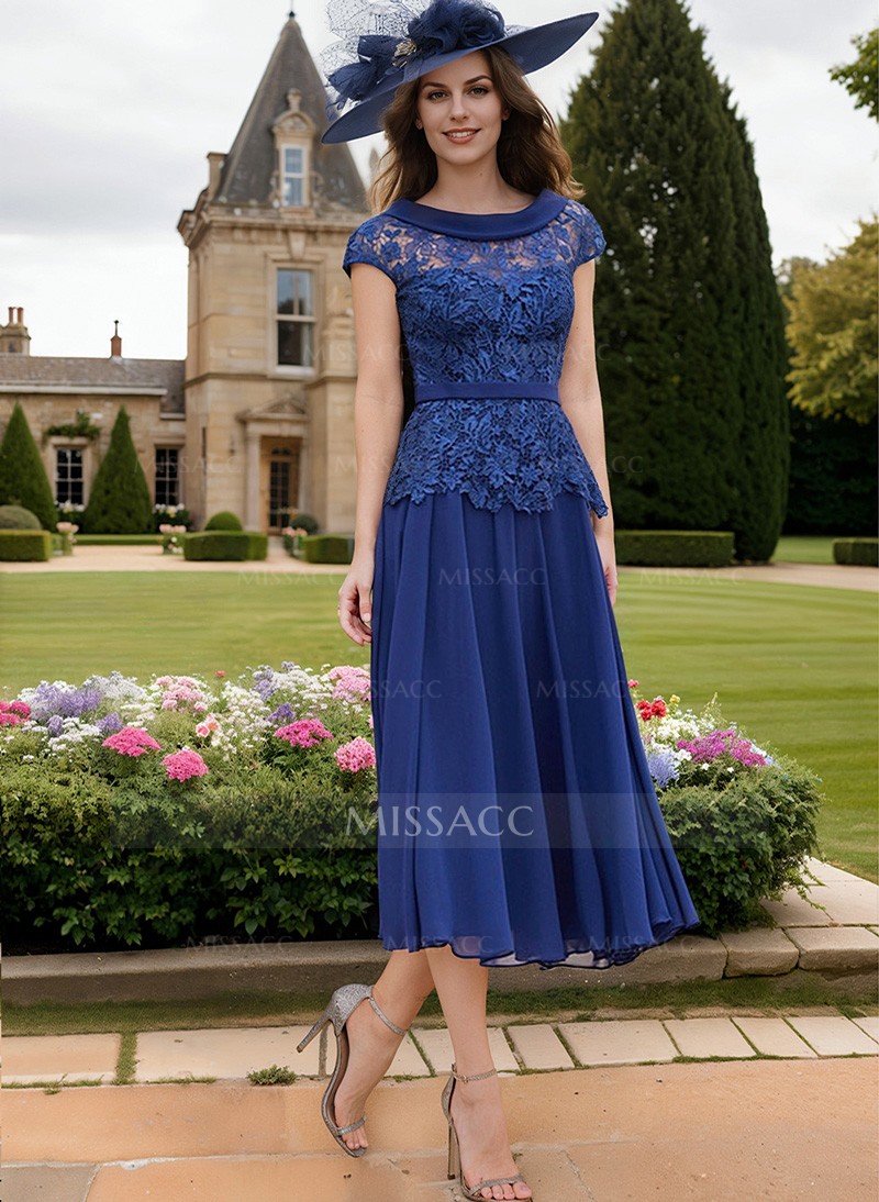 A-Line Scoop Neck Short Sleeves Chiffon Mother Of The Bride Dresses With Lace