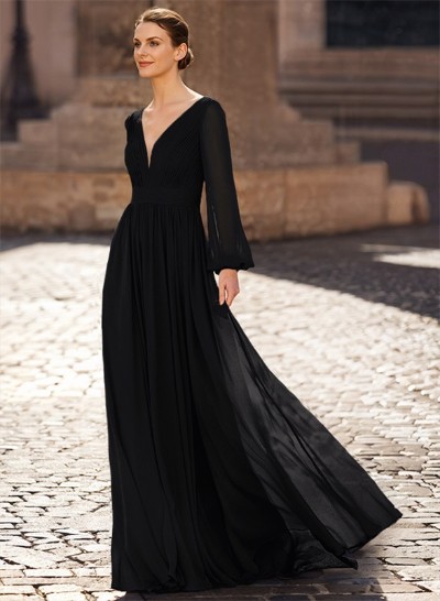 A-Line V-Neck Long Sleeves Floor-Length Chiffon Mother Of The Bride Dresses