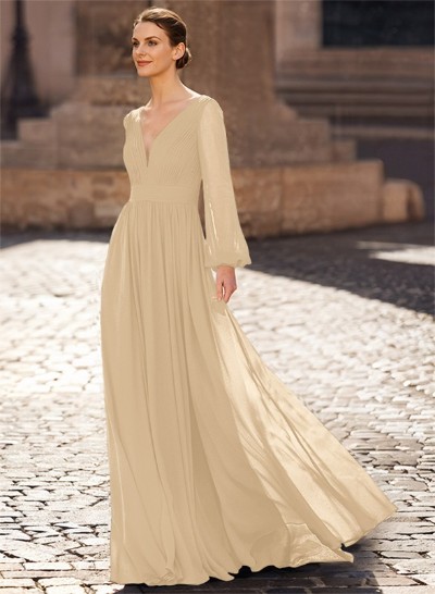 A-Line V-Neck Long Sleeves Floor-Length Chiffon Mother Of The Bride Dresses