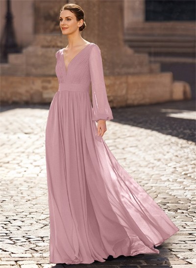 A-Line V-Neck Long Sleeves Floor-Length Chiffon Mother Of The Bride Dresses