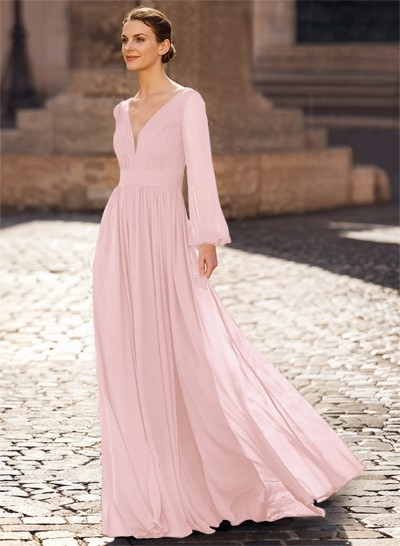 A-Line V-Neck Long Sleeves Floor-Length Chiffon Mother Of The Bride Dresses
