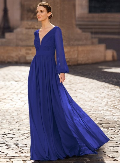 A-Line V-Neck Long Sleeves Floor-Length Chiffon Mother Of The Bride Dresses