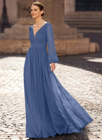 A-Line V-Neck Long Sleeves Floor-Length Chiffon Mother Of The Bride Dresses