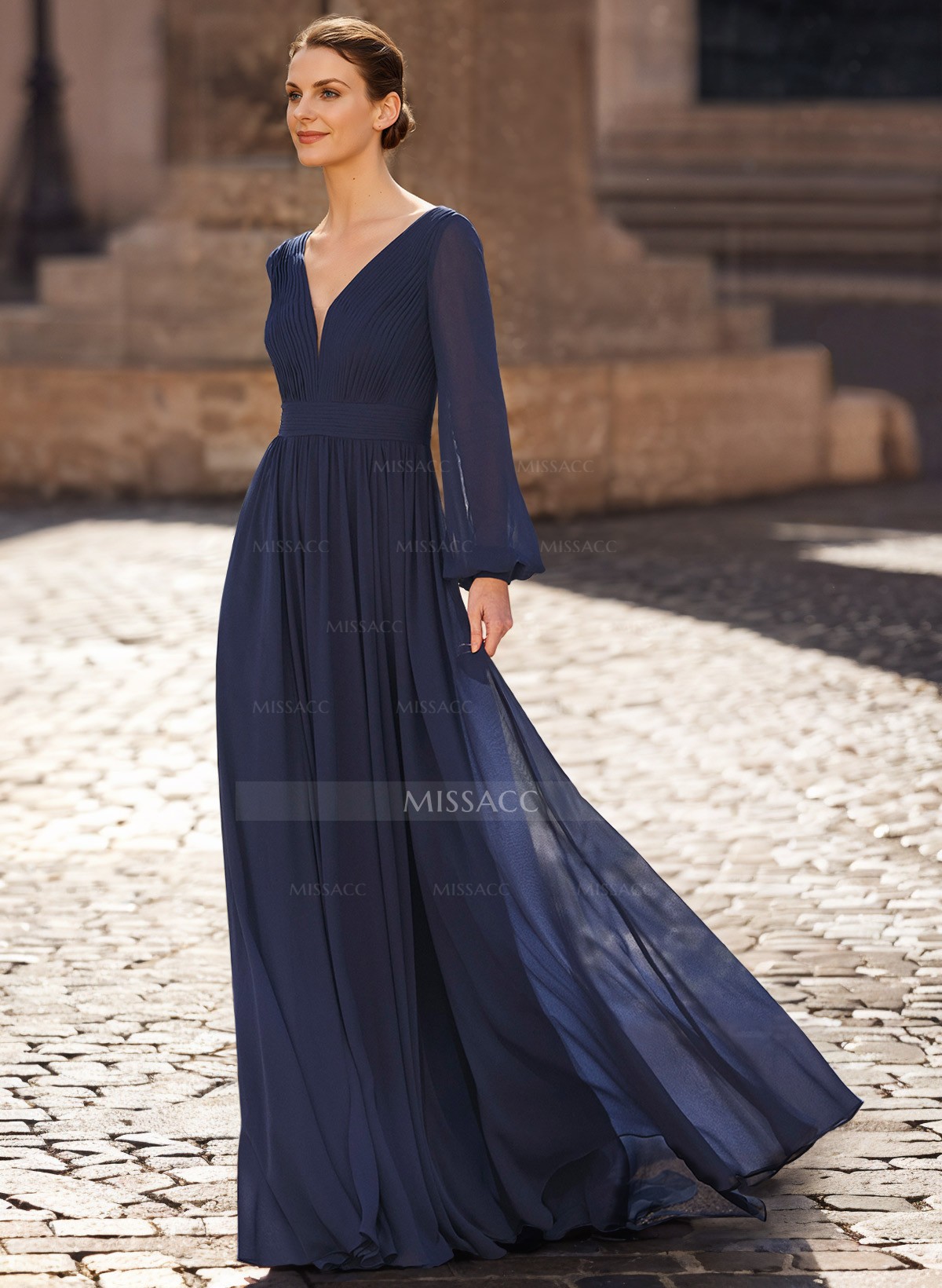 A-Line V-Neck Long Sleeves Floor-Length Chiffon Mother Of The Bride Dresses