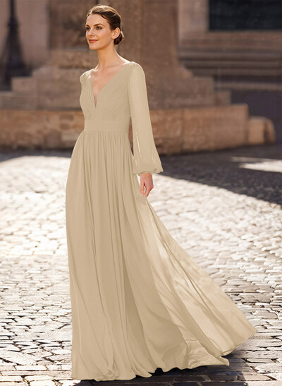 A-Line V-Neck Long Sleeves Sweep Train Chiffon Mother Of The Bride Dresses