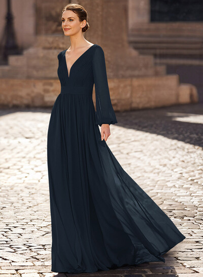 A-Line V-Neck Long Sleeves Sweep Train Chiffon Mother Of The Bride Dresses