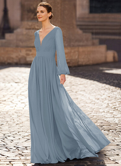 A-Line V-Neck Long Sleeves Sweep Train Chiffon Mother Of The Bride Dresses