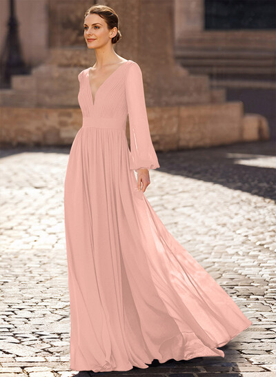 A-Line V-Neck Long Sleeves Sweep Train Chiffon Mother Of The Bride Dresses