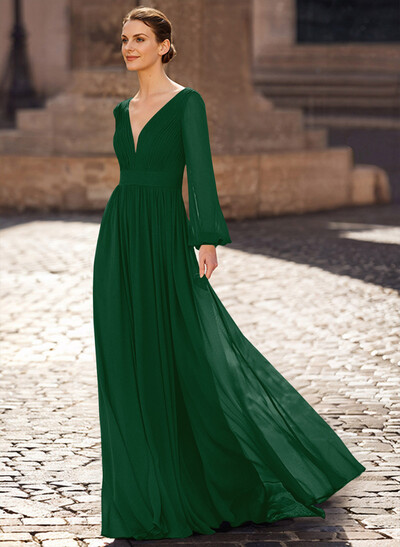 A-Line V-Neck Long Sleeves Sweep Train Chiffon Mother Of The Bride Dresses