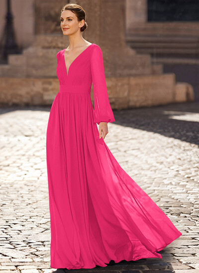 A-Line V-Neck Long Sleeves Sweep Train Chiffon Mother Of The Bride Dresses