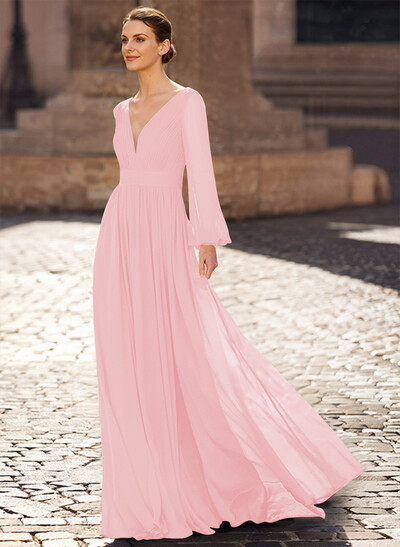 A-Line V-Neck Long Sleeves Sweep Train Chiffon Mother Of The Bride Dresses