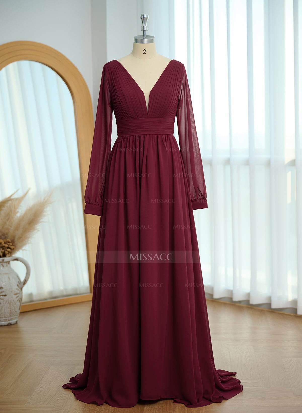 A-Line V-Neck Long Sleeves Sweep Train Chiffon Mother Of The Bride Dresses