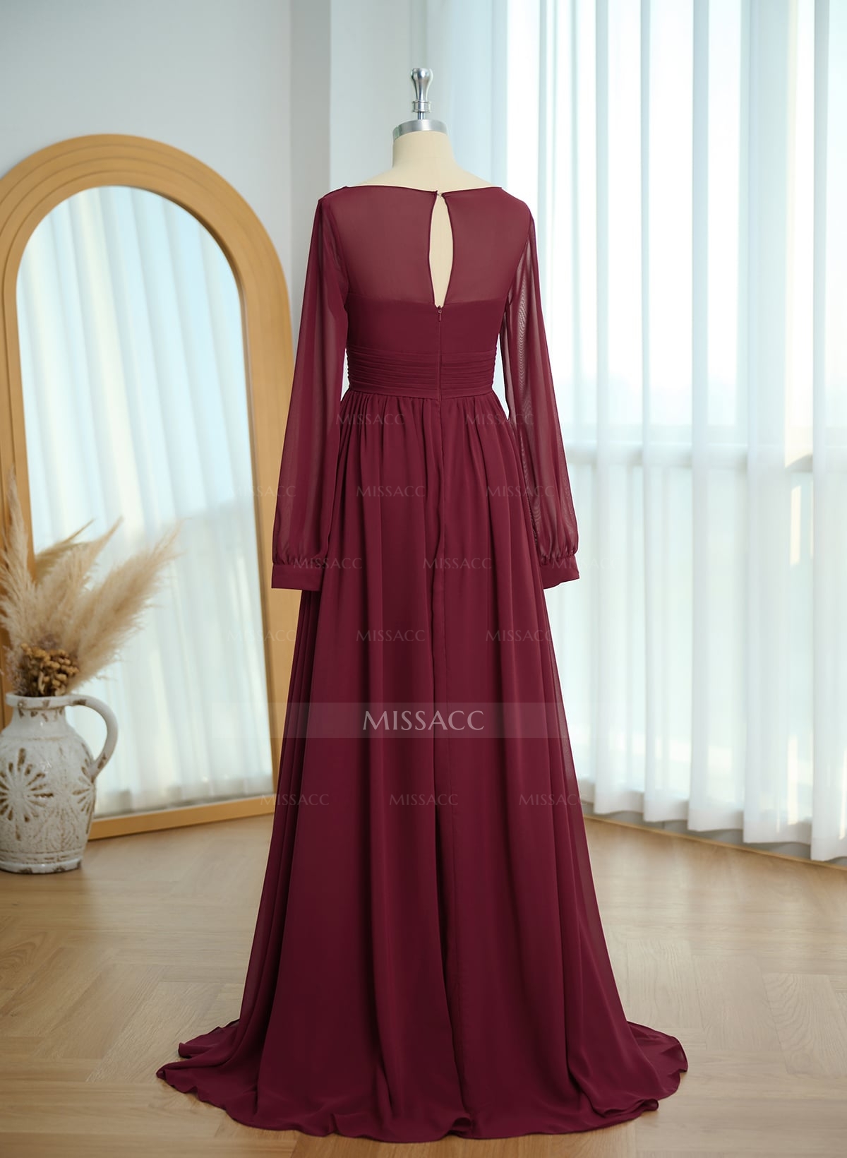 A-Line V-Neck Long Sleeves Sweep Train Chiffon Mother Of The Bride Dresses