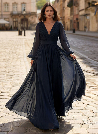 A-Line V-Neck Long Sleeves Sweep Train Chiffon Mother Of The Bride Dresses