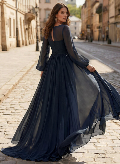 A-Line V-Neck Long Sleeves Sweep Train Chiffon Mother Of The Bride Dresses