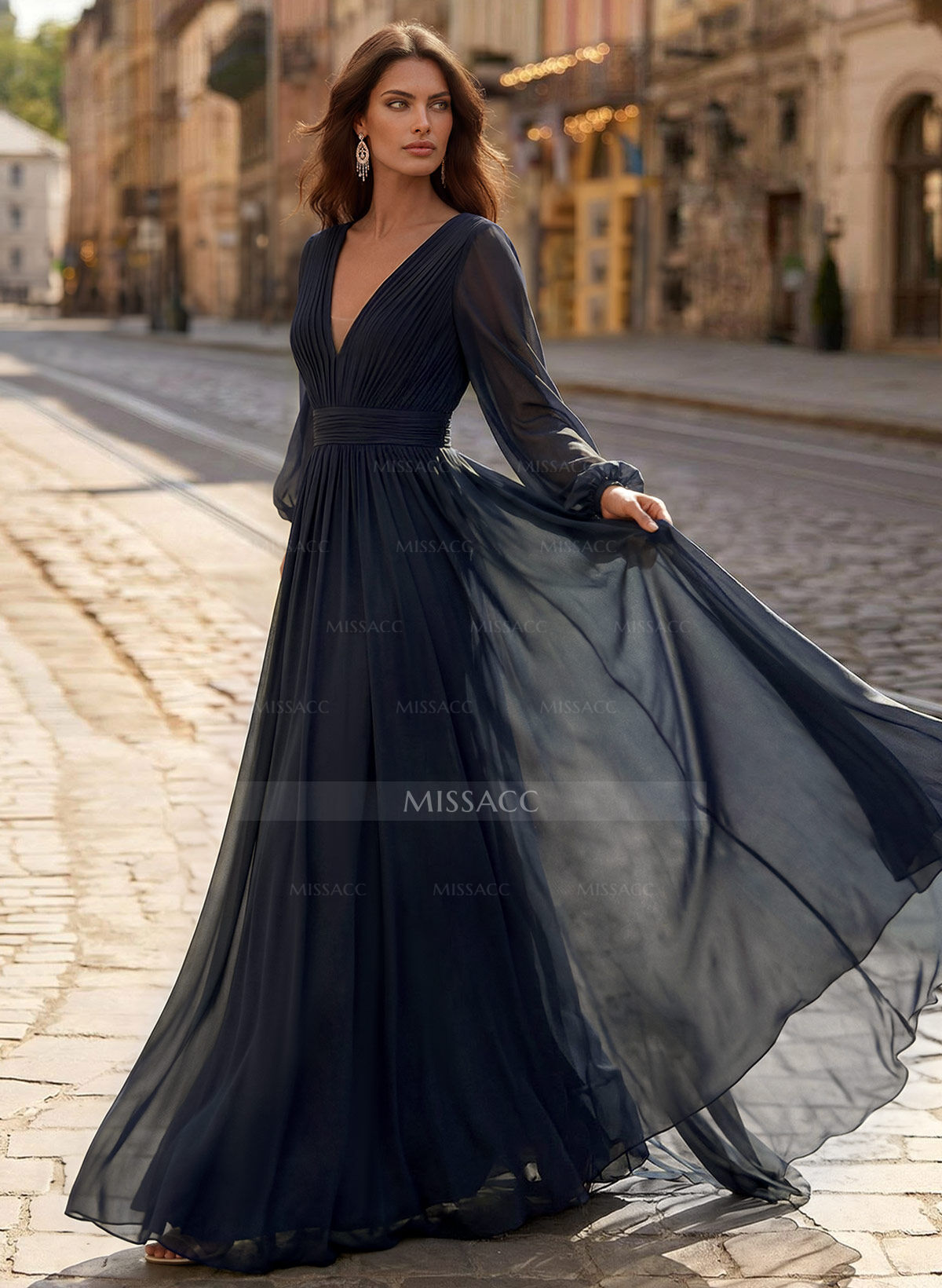 A-Line V-Neck Long Sleeves Sweep Train Chiffon Mother Of The Bride Dresses