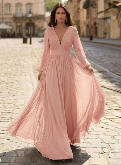 A-Line V-Neck Long Sleeves Sweep Train Chiffon Mother Of The Bride Dresses