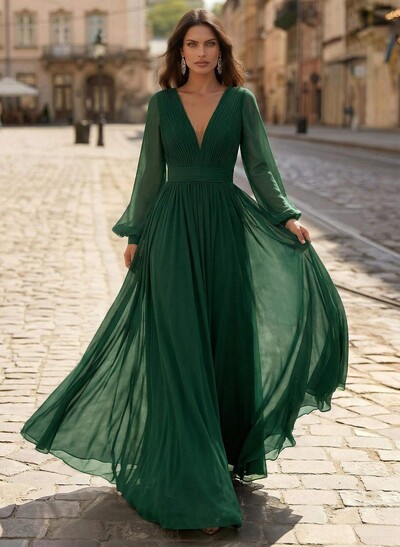 A-Line V-Neck Long Sleeves Sweep Train Chiffon Mother Of The Bride Dresses