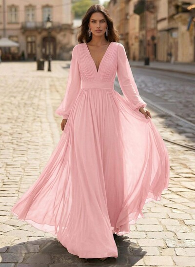 A-Line V-Neck Long Sleeves Sweep Train Chiffon Mother Of The Bride Dresses