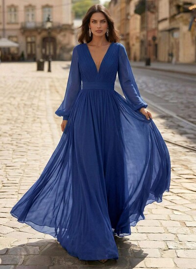A-Line V-Neck Long Sleeves Sweep Train Chiffon Mother Of The Bride Dresses
