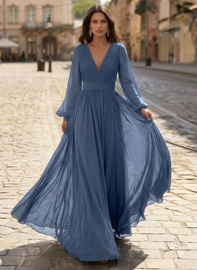 A-Line V-Neck Long Sleeves Sweep Train Chiffon Mother Of The Bride Dresses