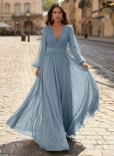 A-Line V-Neck Long Sleeves Sweep Train Chiffon Mother Of The Bride Dresses