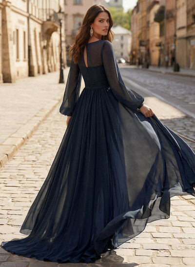 A-Line V-Neck Long Sleeves Sweep Train Chiffon Mother Of The Bride Dresses