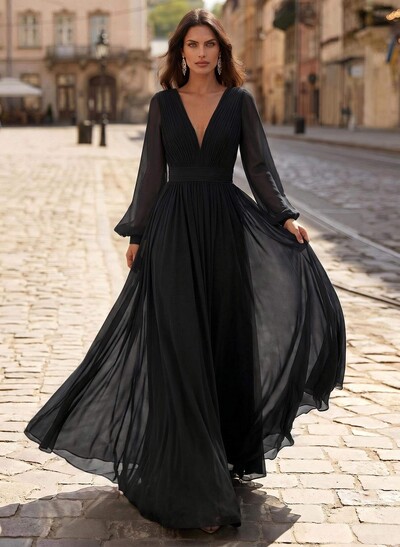 A-Line V-Neck Long Sleeves Sweep Train Chiffon Mother Of The Bride Dresses