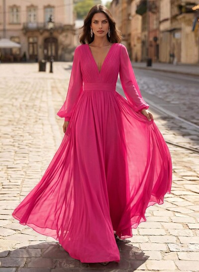 A-Line V-Neck Long Sleeves Sweep Train Chiffon Mother Of The Bride Dresses