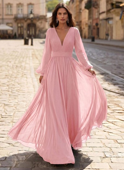 A-Line V-Neck Long Sleeves Sweep Train Chiffon Mother Of The Bride Dresses
