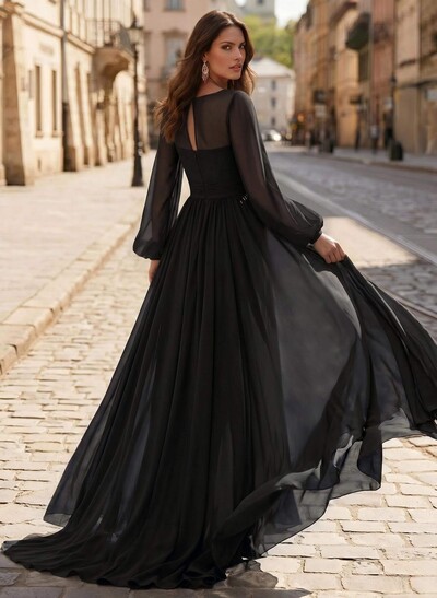 A-Line V-Neck Long Sleeves Sweep Train Chiffon Mother Of The Bride Dresses