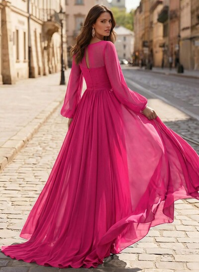 A-Line V-Neck Long Sleeves Sweep Train Chiffon Mother Of The Bride Dresses