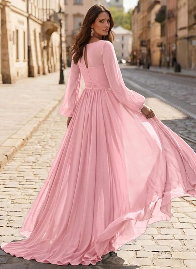 A-Line V-Neck Long Sleeves Sweep Train Chiffon Mother Of The Bride Dresses