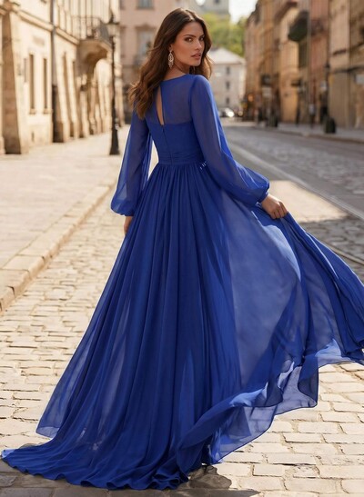 A-Line V-Neck Long Sleeves Sweep Train Chiffon Mother Of The Bride Dresses