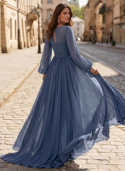 A-Line V-Neck Long Sleeves Sweep Train Chiffon Mother Of The Bride Dresses