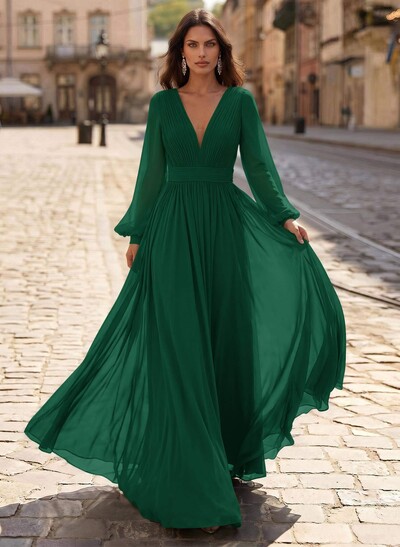A-Line V-Neck Long Sleeves Sweep Train Chiffon Mother Of The Bride Dresses