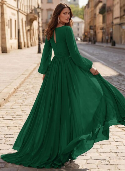 A-Line V-Neck Long Sleeves Sweep Train Chiffon Mother Of The Bride Dresses