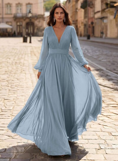 A-Line V-Neck Long Sleeves Sweep Train Chiffon Mother Of The Bride Dresses