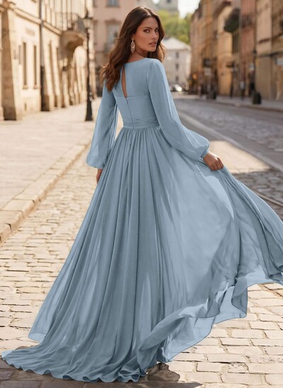 A-Line V-Neck Long Sleeves Sweep Train Chiffon Mother Of The Bride Dresses