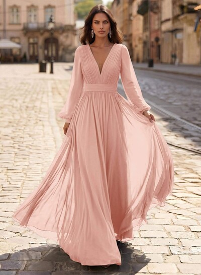 A-Line V-Neck Long Sleeves Sweep Train Chiffon Mother Of The Bride Dresses