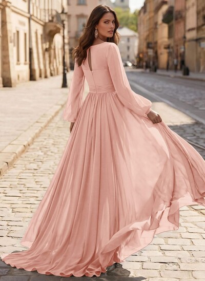 A-Line V-Neck Long Sleeves Sweep Train Chiffon Mother Of The Bride Dresses
