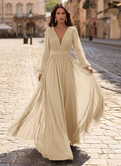 A-Line V-Neck Long Sleeves Sweep Train Chiffon Mother Of The Bride Dresses