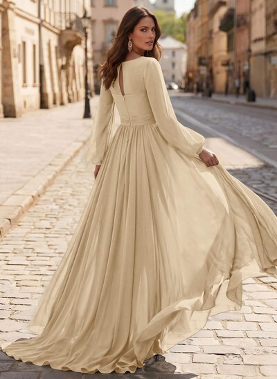A-Line V-Neck Long Sleeves Sweep Train Chiffon Mother Of The Bride Dresses