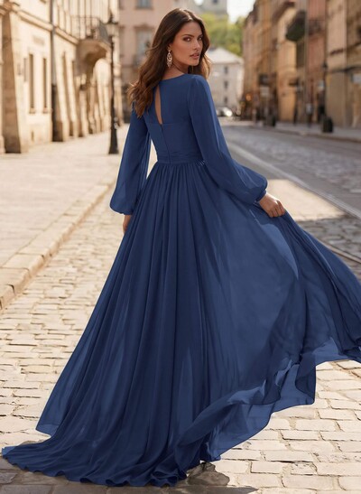 A-Line V-Neck Long Sleeves Sweep Train Chiffon Mother Of The Bride Dresses