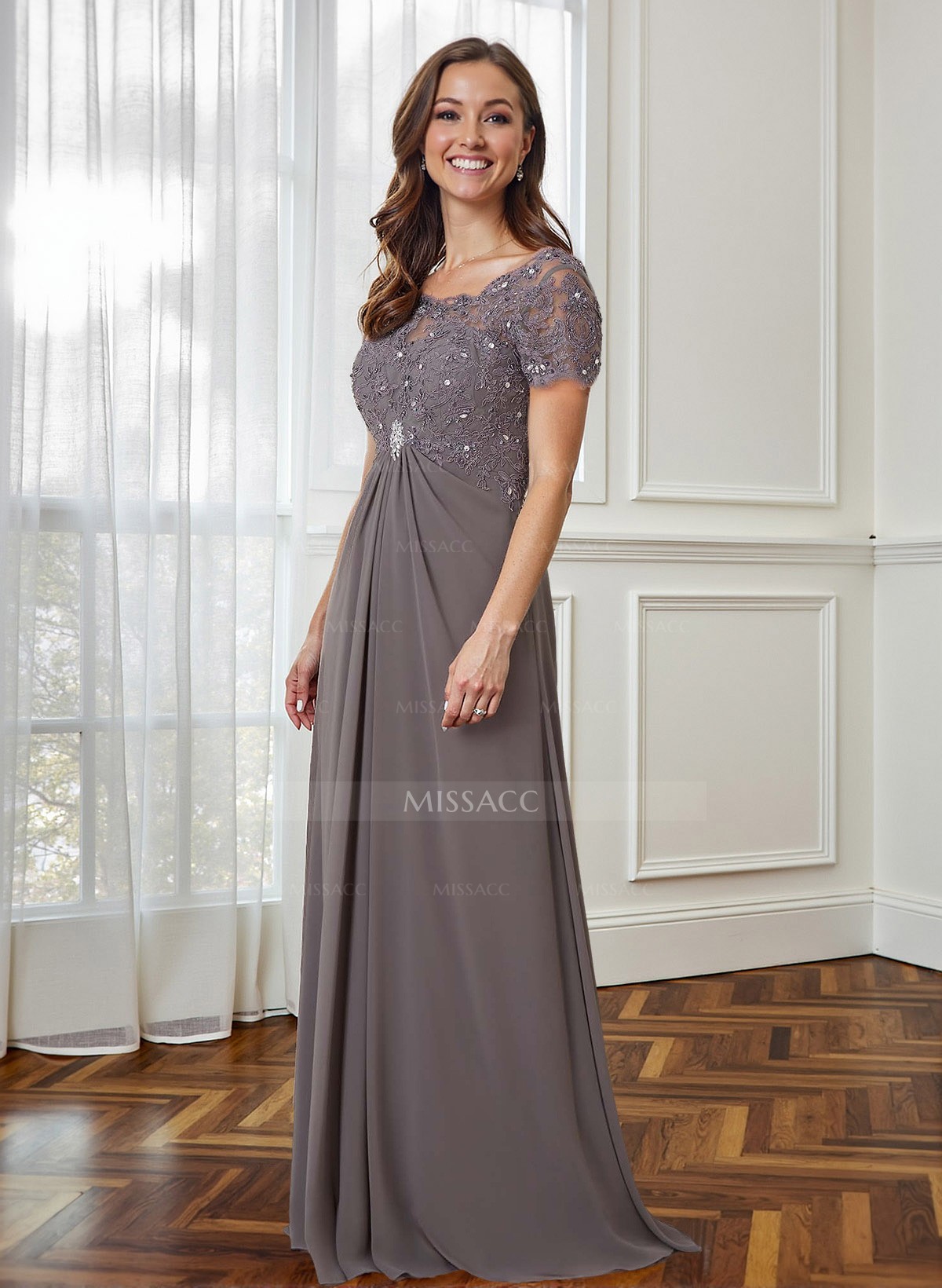 Lace Beading Empire Chiffon Short Sleeves Mother Of The Bride Dresses