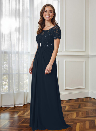 Lace Beading Empire Chiffon Short Sleeves Mother Of The Bride Dresses