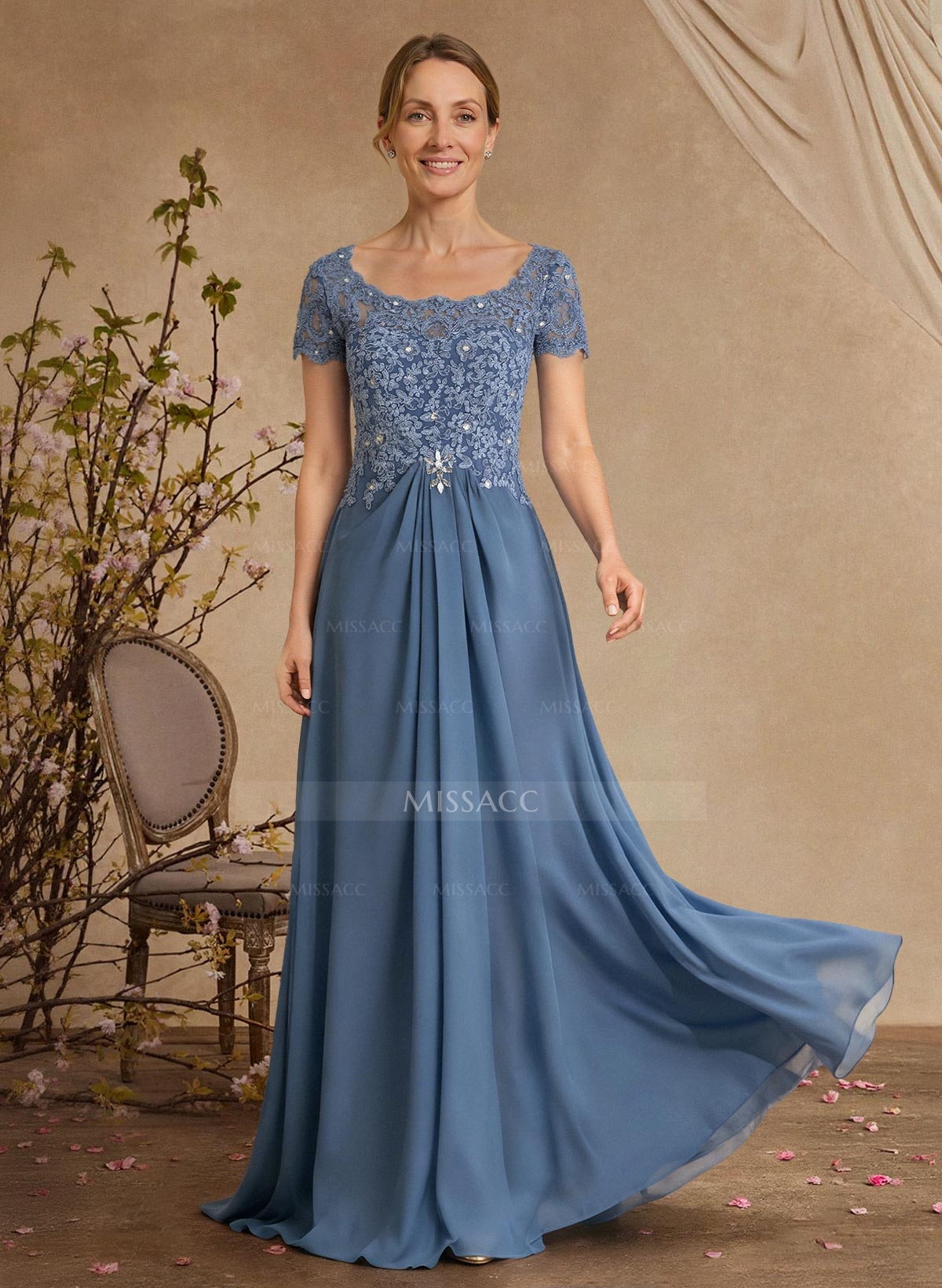 Lace Beading Empire Chiffon Short Sleeves Mother Of The Bride Dresses