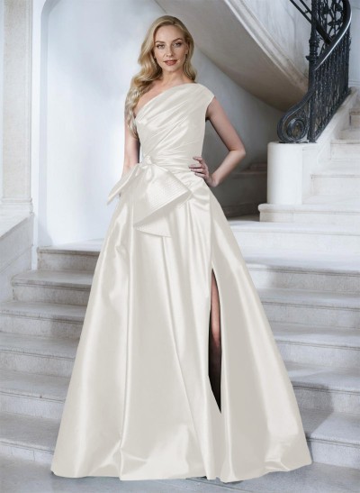 A-Line One-Shoulder Sleeveless Satin Mother Of The Bride Dresses With High Split